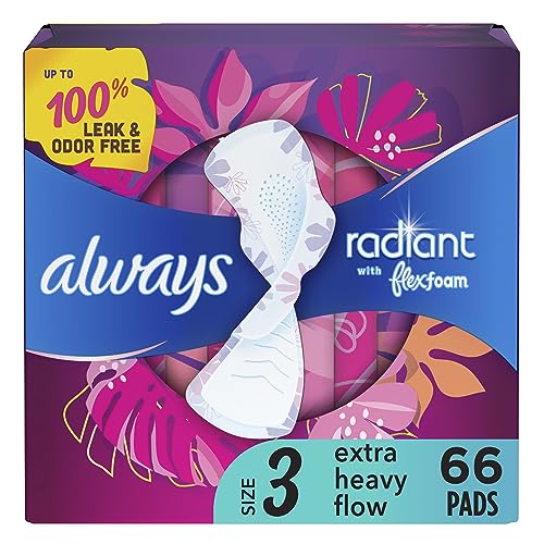 Always Radiant Feminine Pads For Women, Size 3 Extra Heavy Absorbency, With Flexfoam, With Wings, Light Clean Scent, 22 Count x 3 Packs (66 Count Total)